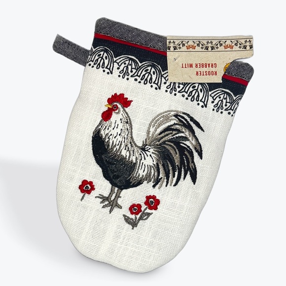 ROOSTER 2 piece set White black and red kitchen dish towel and small oven mitt - Picture 3 of 5